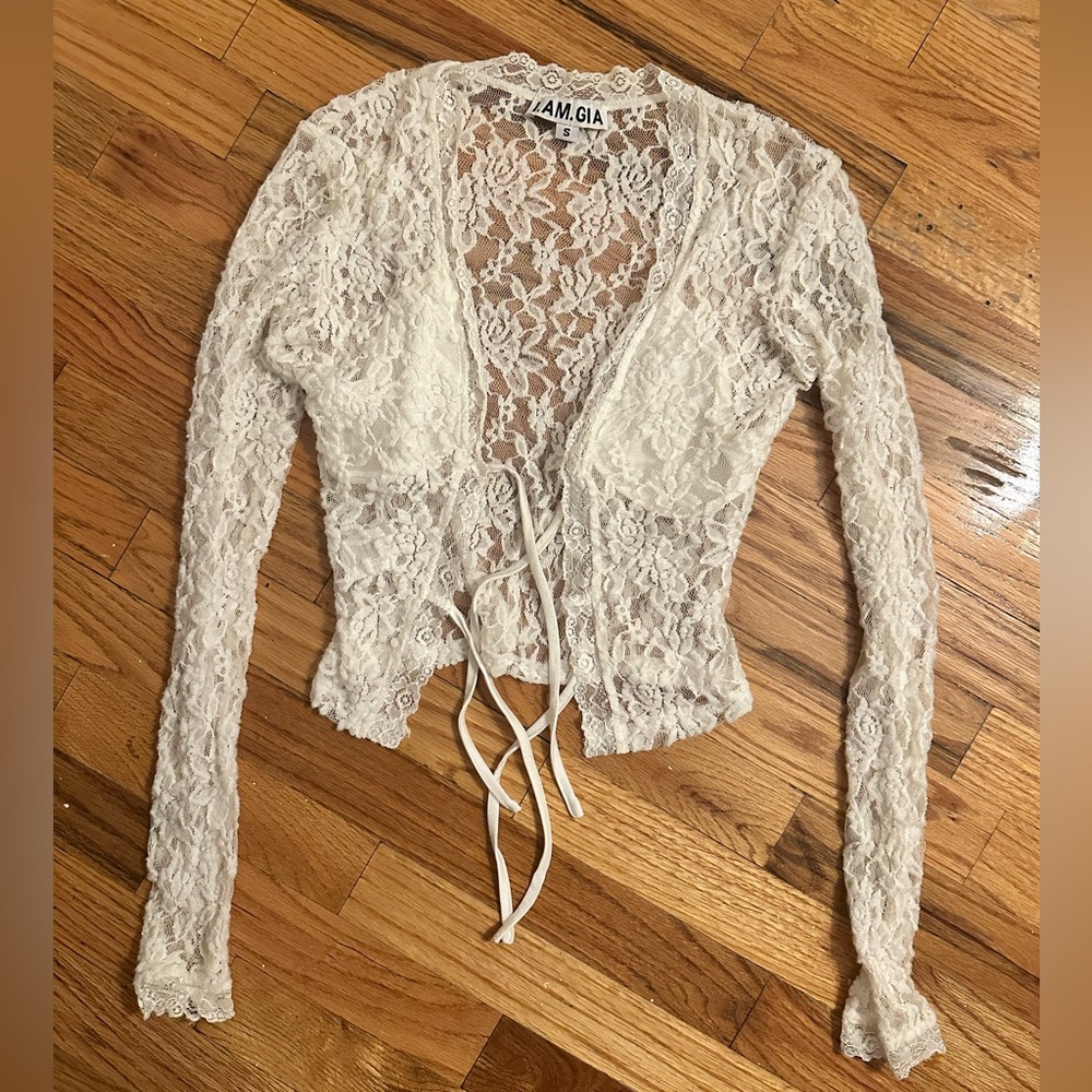 I.AM.GIA White Lace Long Sleeve Tie-Front Blouse